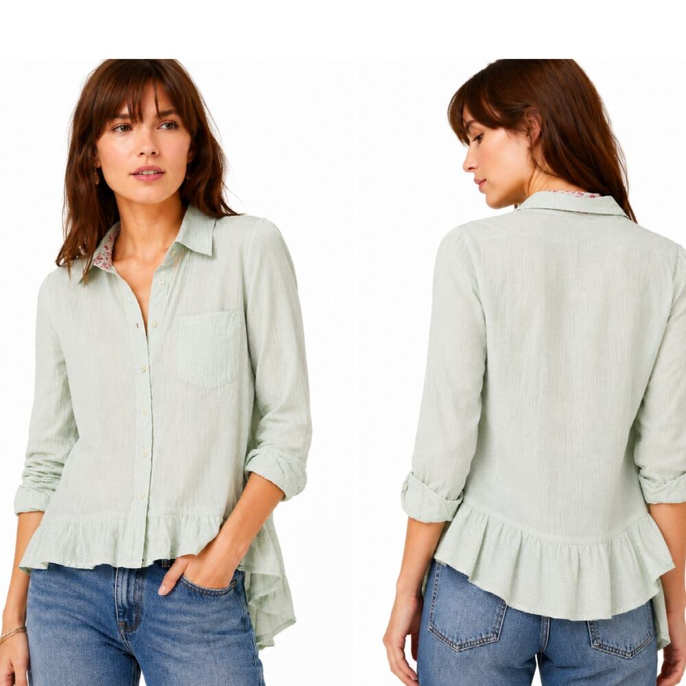 O'dille Pinstripe Button up Hi Low Button Up Top Green Women's Size 6